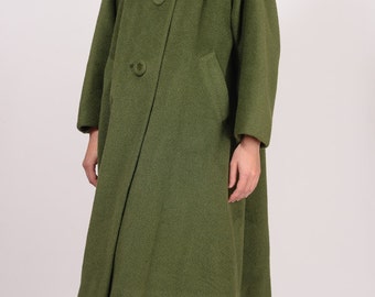 vintage 1960s huge FOX fur collar martini OLIVE green 100% virgin wool cape dress jacket coat 60s 50s mid century glam swing