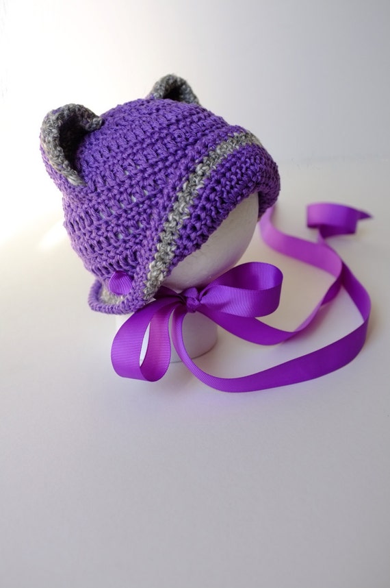 Baby Girl Hat with Ears and Bow Crochet Cotton by