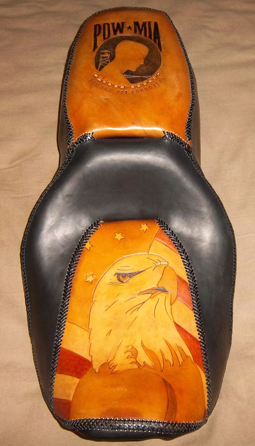 Custom Harley Leather Motorcycle Seat POW MIA with Eagle