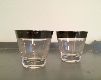 Two Tapered Low Ball / Old Fashioned Glasses with Wide Silver Rims