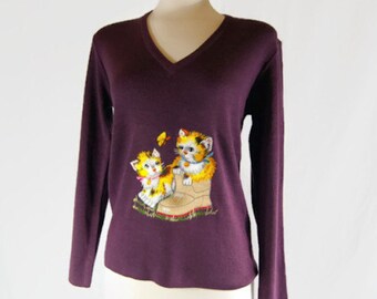 Vintage LeRoy Knitwear NEW Old Stock V-Neck Sweater with Adorable Cats