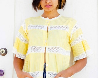 Vintage Yellow Button-Up Blouse with Lace