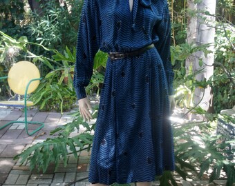 Blue, striped, secretary dress. 1980's. Size 6.