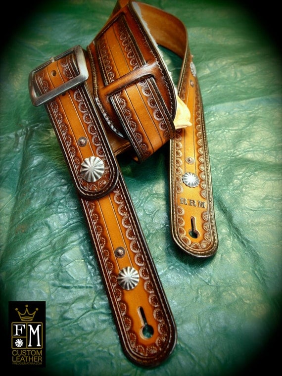 Leather Guitar strap Hand tooled, Handmade, OUTLAW Cowboy Rockstar Light brown fade made for YOU in NYC by Freddie Matara