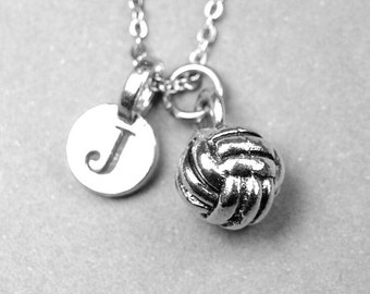 Volleyball Necklace, 3D Volleyball charm, silver plated pewter, initial necklace, initial hand stamped, personalized monogram