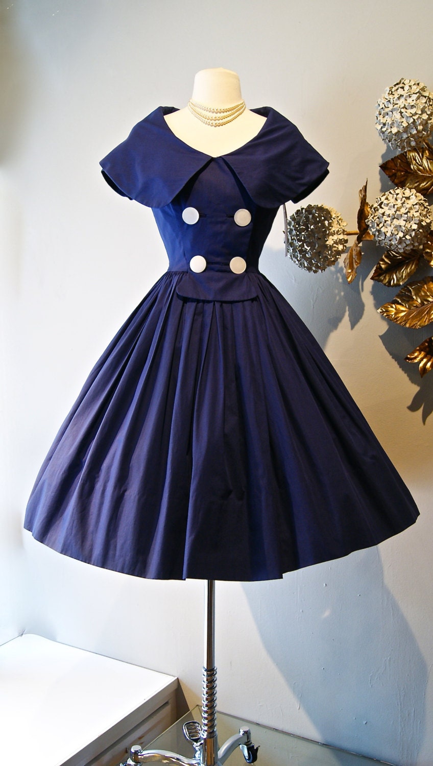 50s Dress  Vintage 1950s Navy  Blue Sailor  Dress  with Full