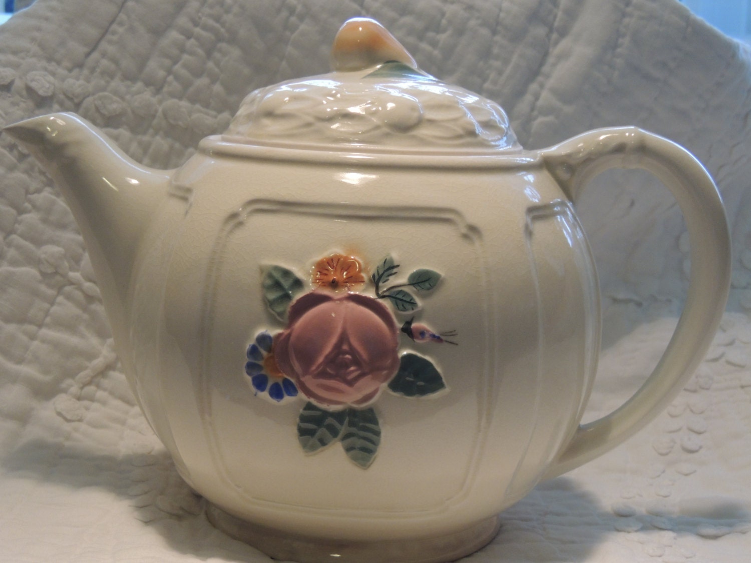 Porcelier Teapot Tea Pot Paneled Rose Pink Flower Vitreous