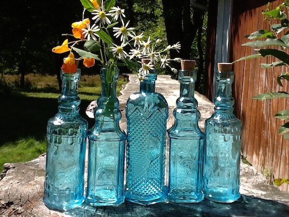 5 Blue Bottles 6.5 Inch Tall 4 oz 120ml 6.5 Inches Tall Corks Glass Bottle Collection Vintage Wedding Decor Blue Vases Bud Vases