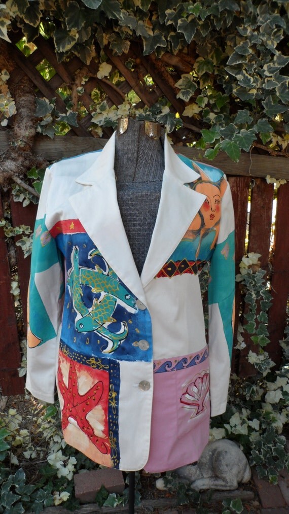 Hand Painted Jacket White Blazer Beach Theme by Thirdxsacharm