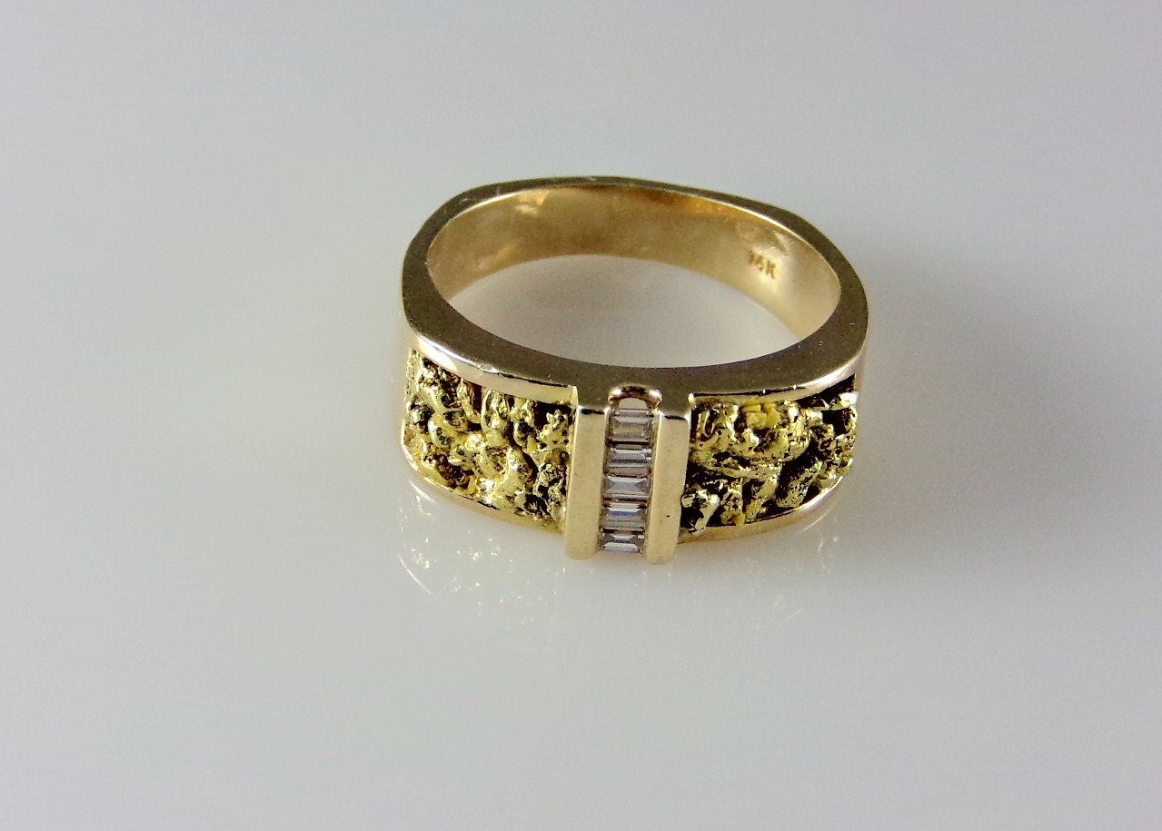 Mens Gold Nugget with Diamonds Ring 14K Natural Nuggets