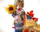 Beregynia - Ukrainian handmade cloth motanka-doll with yellow sunflower, colourful wreath ribbons, beige blue cloth lace, help woman family Beregynia - Ukrainian handmade cloth motanka-doll with yellow sunflower, colourful wreath ribbons, beige blue cloth lace, help woman family