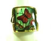 Hand Painted Butterfly Ring Cameo Sterling Silver Original Art Bk Mother Of Pearl Artist Signed Statement Unisex Holiday Jewelry Gift
