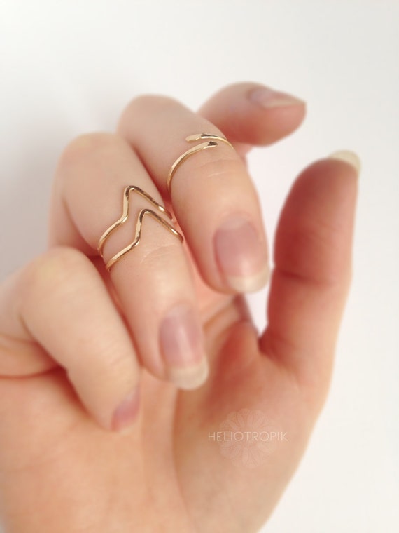 14k Gold Filled Hammered Chevron Midi Rings Set Simple Rose