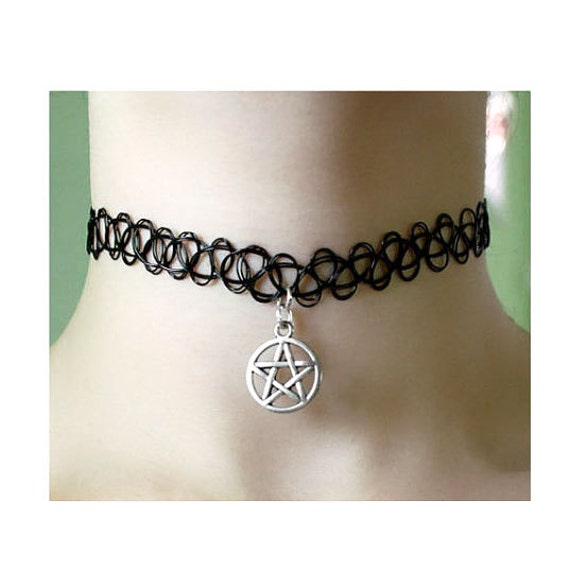 pentagram tattoo choker silver and black gothic necklace pentagram tattoo choker silver and black gothic necklace