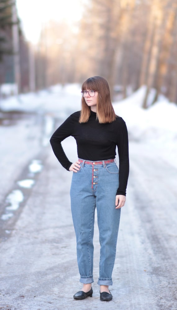 Highwaisted 80s Mom Jeans With Novelty Plaid Detailing