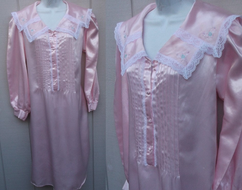 80s Pink Satin Flannel Lined Nightgown / Vintage by BetseyDo