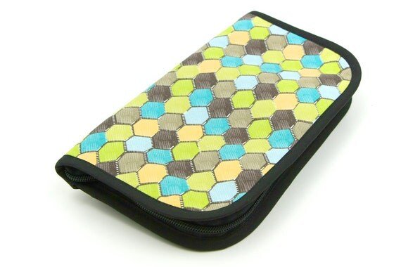 Travel Zip Around Knitting Needle Case Organizer - honeycomb retro - black pockets see-thru notions zipper pouch