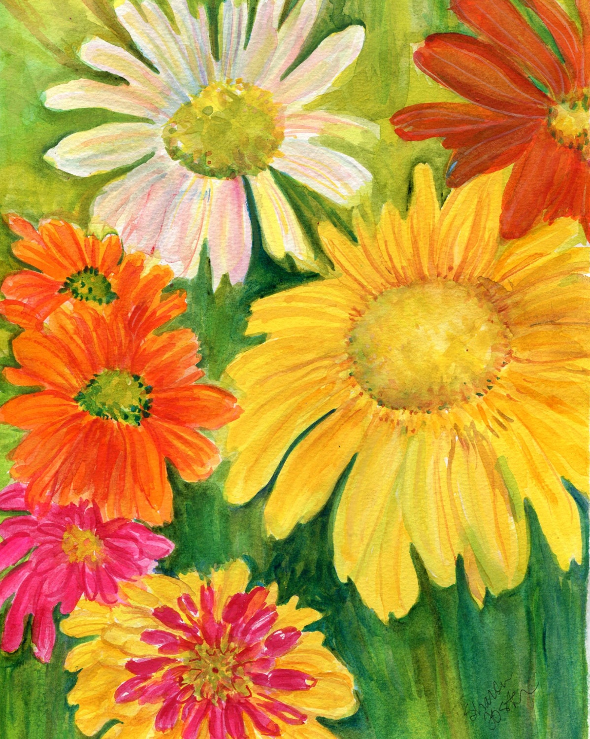 original watercolor painting Zinnias ART Orange yellow and