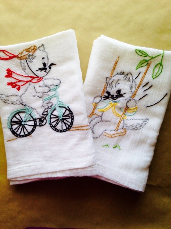Playful Cat Embroidered Dish Towels
