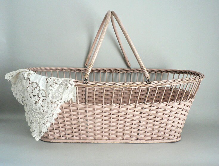 Vintage 1900s Pink Woven Wood Baby Bed Basket Newborn Pink