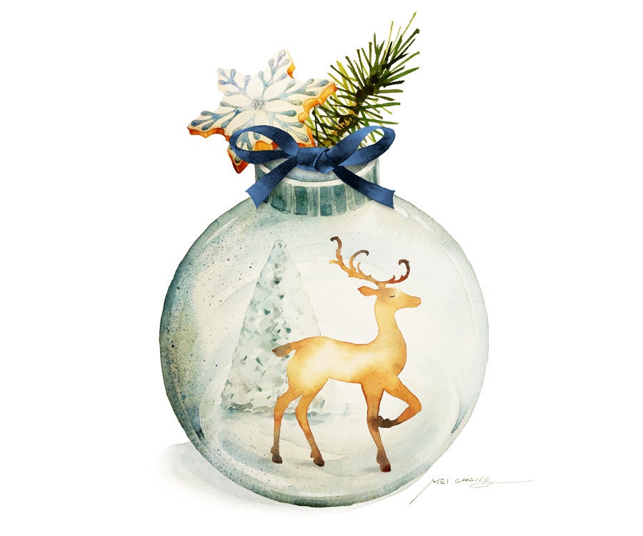 Watercolor Painting Christmas Ornament with Reindeer