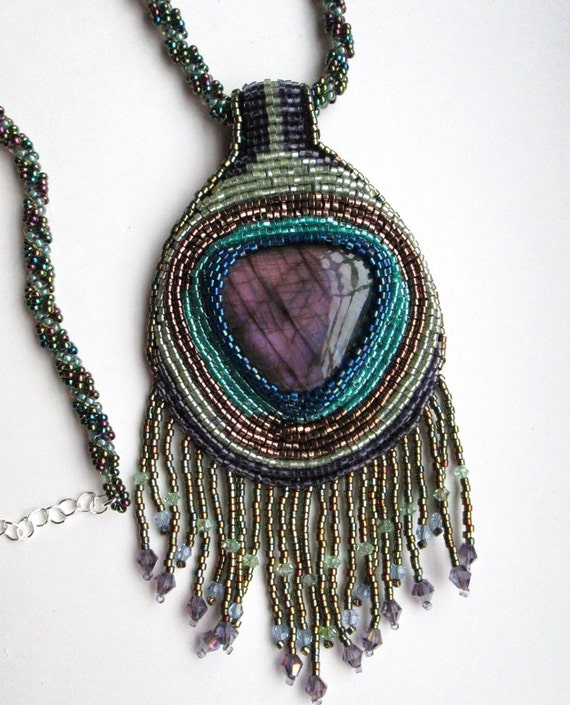 Bead Embroidery Peacock Feather Necklace with Labradorite