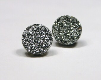 Silver Druzy Stud Earrings Metallic Circle Round Small Bold Genuine Titanium Drusy Quartz Gemstone Jewelry for Women Sterling Silver Posts