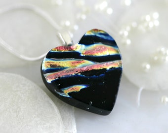 Glass Heart Dichroic Fused Glass Pendant Necklace Jewelry 01117, GetGlassy