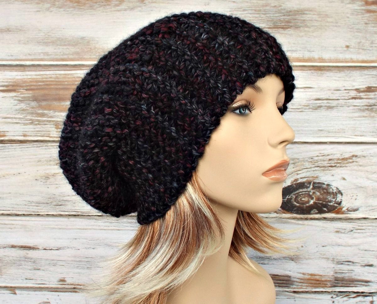 Grey Knit Hat Grey Hat Grey Womens Hat Slouchy Hat in Black