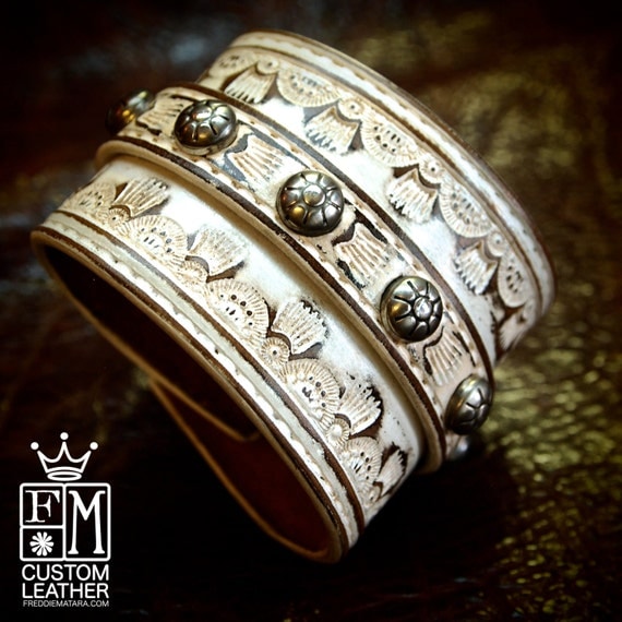 Leather cuff Custom tooled white washed and studded bracelet! Vintage look Cowboy Rock made for YOU in NYC by Freddie Matara