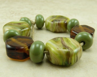 Tree of Life - Green Brown Earth Leaves Spring Topaz Sage Pine Olive - Hexagon Shape Lampwork Bead Set SRA I ship Internationally