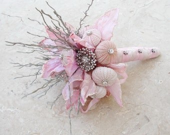Pink Beach Bridal Bouquet - Sea urchins Seashells Beach Wedding