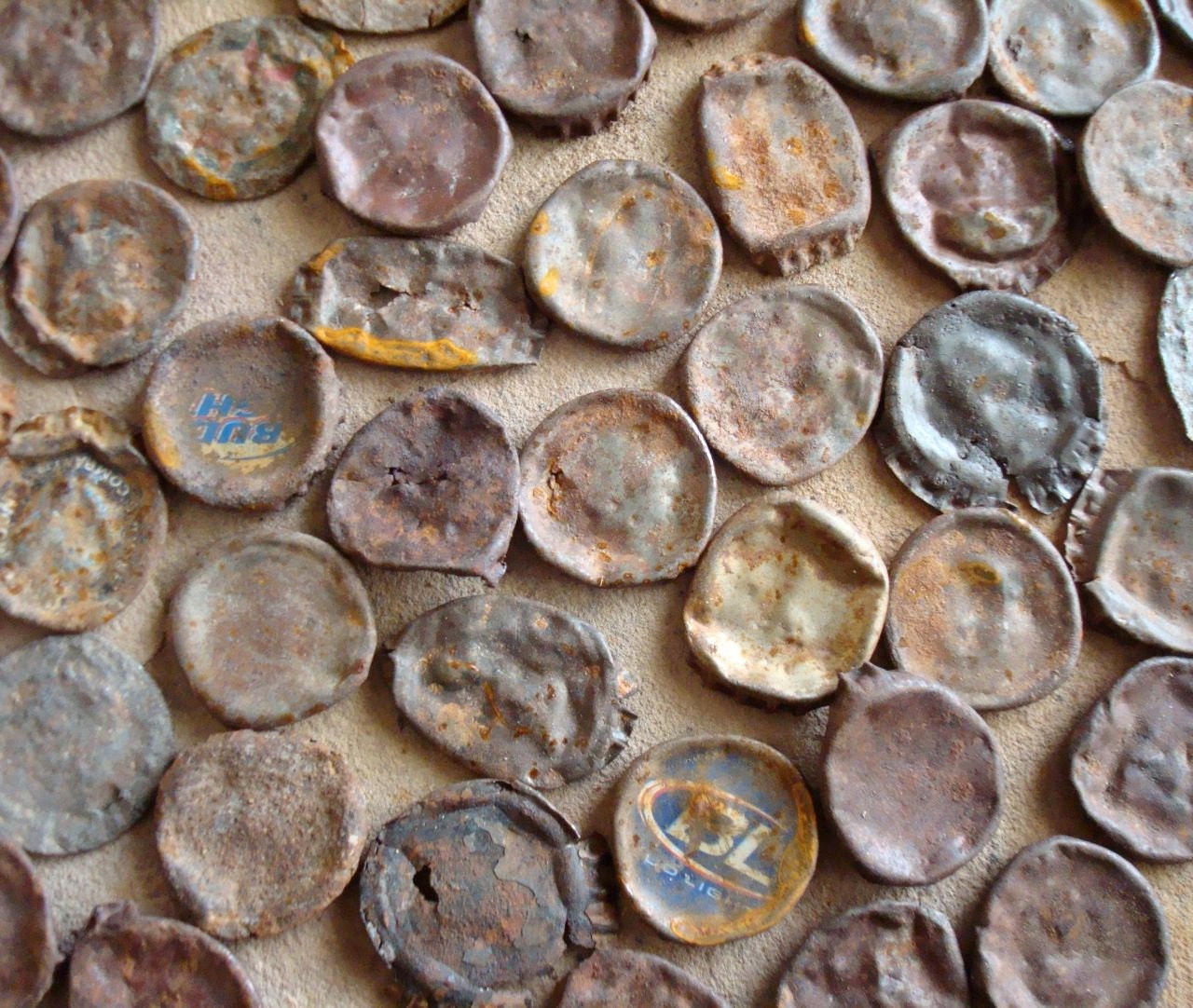 Rusty Metal Smashed Grungy Beer Bottle Caps Found Objects
