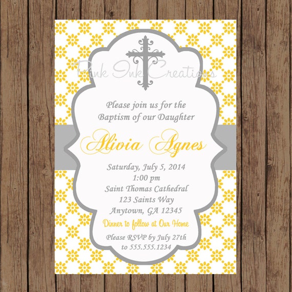 Floral Baptism Invitation / YELLOW GREY / Baby Dedication, First