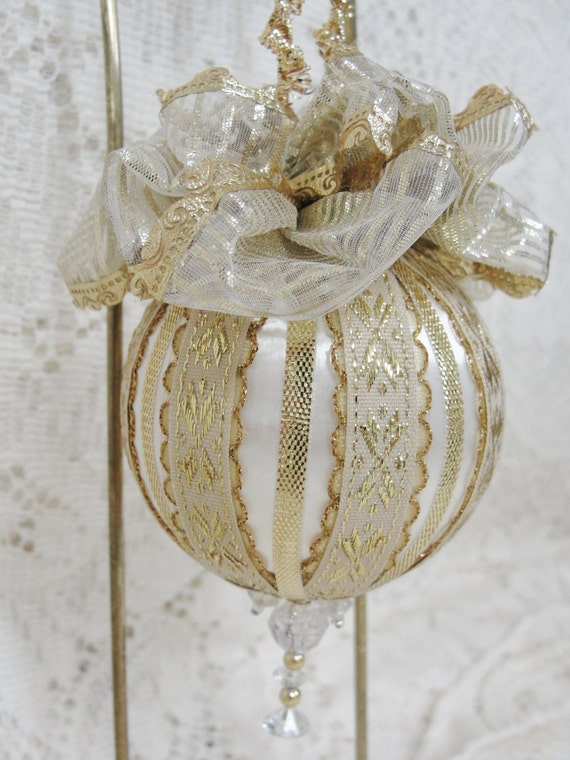 Items similar to Handmade Christmas Tree Ornament White Satin Ball Gold Trims, Beads & Bows Made ...