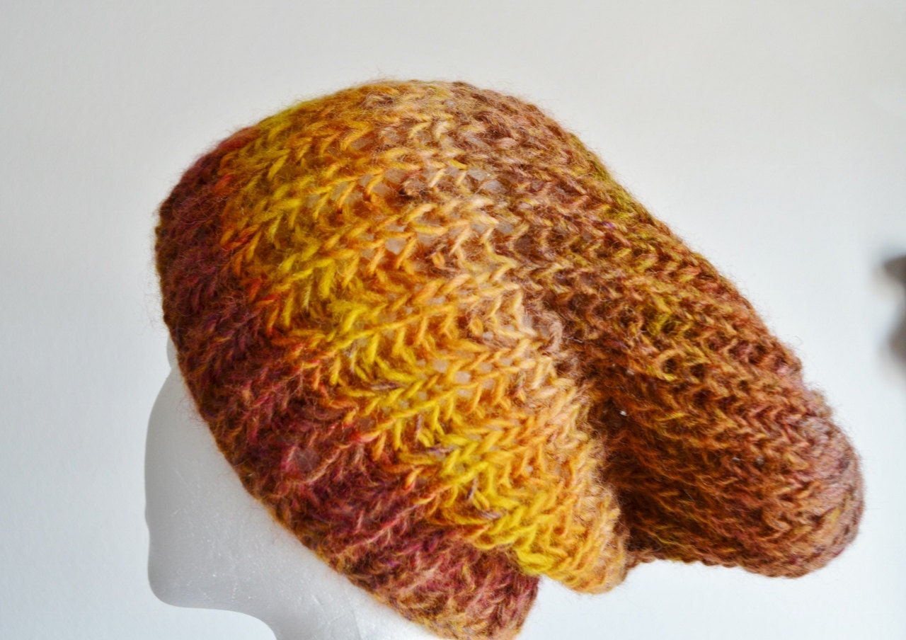 Hand Knit Hat Floppy Slouchy Beanie Tiger Snow Cone Ribbed