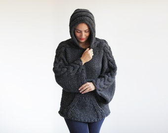 Plus Size Knitting Sweater with Hoodie by Afra