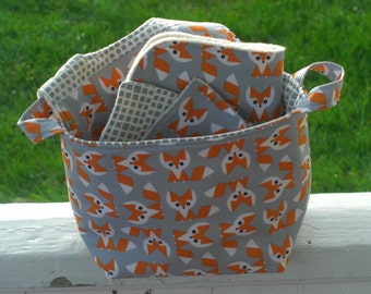 Fox Gift Set, Baby Gift Set, Fabric caddy, Bin, Orange, Gray, Baby Bib, Free Baby washcloths, Burp Cloth,Picture Pie, Eco- Friendly, Organic