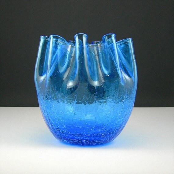 Hand-blown Blue Crackle Glass Vase Art Glass Vintage circa