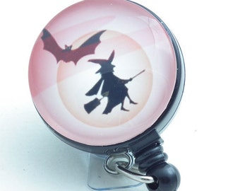 Halloween Badge Reel - Witch on a Broom with Bat, Badge Holder - 152