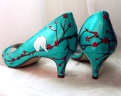 Turquoise Wedding Shoes , bridal painted Cherry blossom , white love birds , painted custom shoes, pep toe shoes , cherry blossom turquoise Turquoise Wedding Shoes , bridal painted Cherry blossom , white love birds , painted custom shoes, pep toe shoes , cherry blossom turquoise