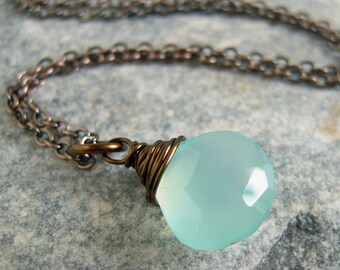 Aqua Blue Chalcedony Necklace, Gemstone Pendant, Antiqued Jewelry