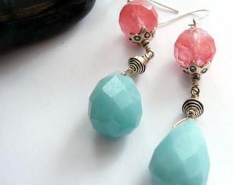 Handcrafted Artisan Cherry Quartz Amazonite Sterling Silver Karen Hill Tribe Fine Silver Hand Wire Wrapped OOAK Boho Gypsy Dangle Earrings