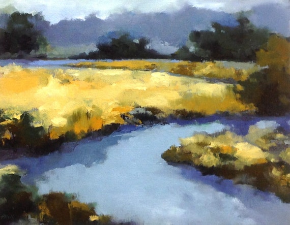 MEANDERING, oil landscape painting original 100% charity donation, 11x14 canvas panel, field, low country