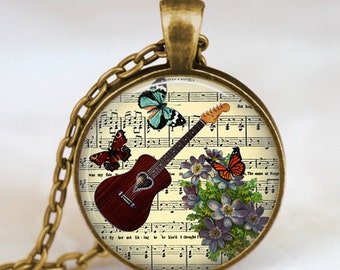 Guitar necklace , vintage guitar jewelry , guitar pendant , music notes necklace, handmade jewelry,music notes pendant, guitar player gift