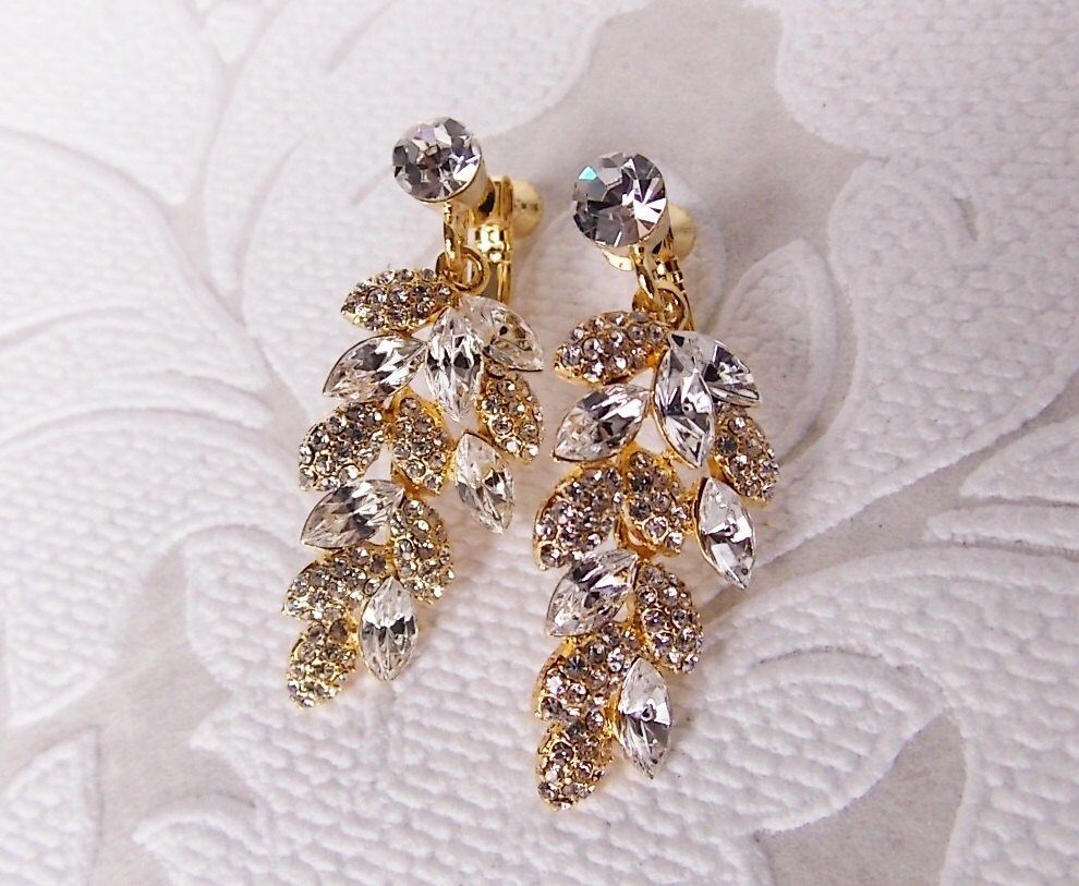 Dangle Leaf Earrings With Pave Swarovski Crystal Bridal Clip