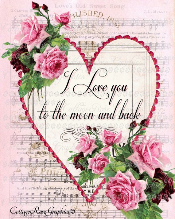 I Love you to the Moon Large digital download pink roses single image BUY 3 get one FREE ecs Printable