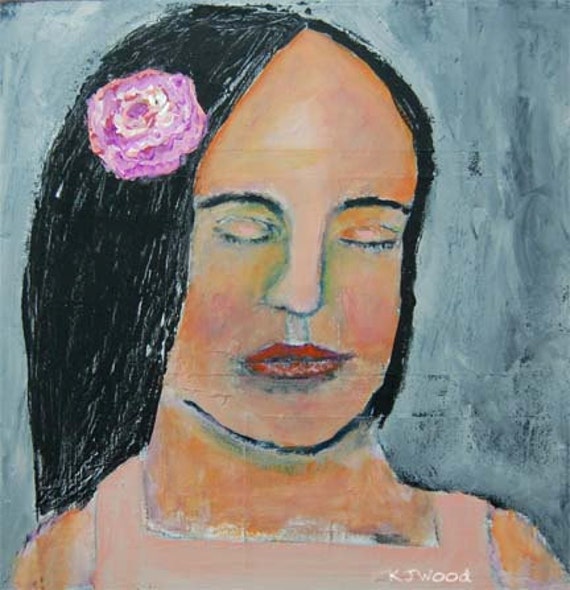 Acrylic Portrait Painting, Woman, Pink, Rose in Hair, 12x12 Canvas