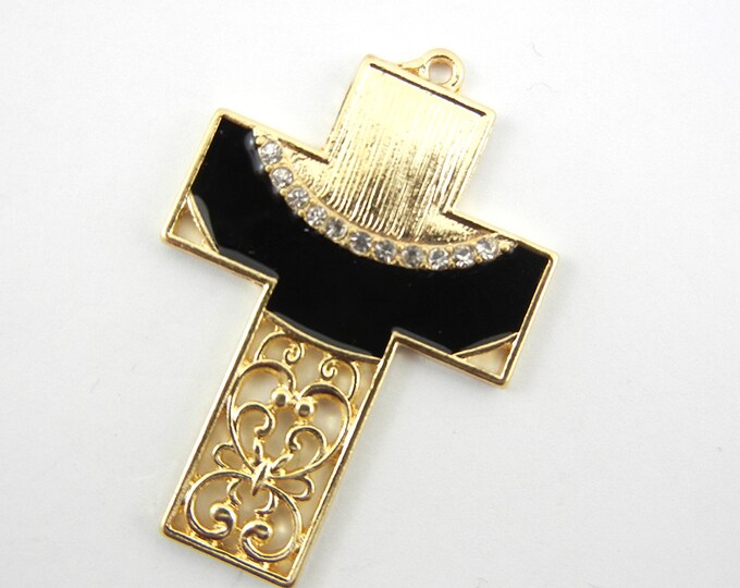 Gold-tone Filigree Cross Pendant Rhinestones Black Epoxy Arch