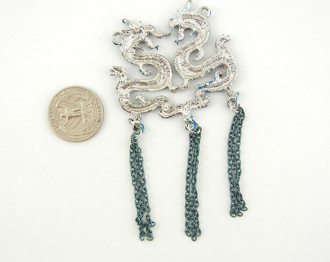 Double Link Turquoise Blue Washed Silver-tone Chinese Dragons Pendant with Tassels